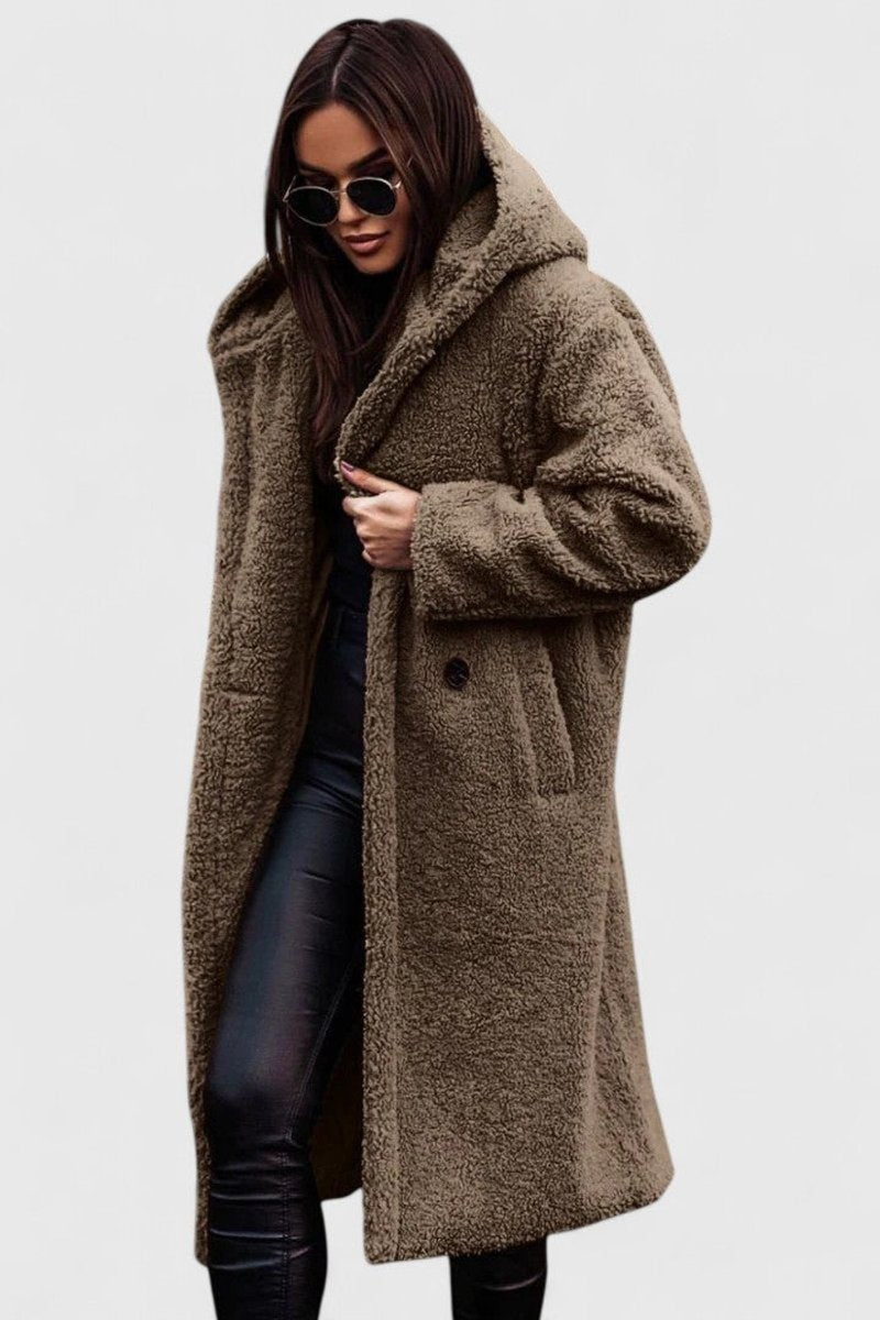 Oversized Long Sherpa Coat for Women with Hood and Lapel Collar in Khaki, front view