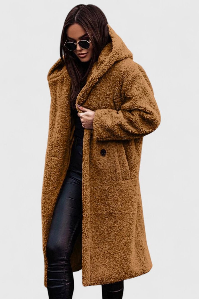 Oversized Long Sherpa Coat for Women with Hood and Lapel Collar in Light Brown, front view