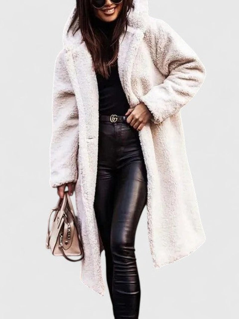 Oversized Long Sherpa Coat for Women with Hood and Lapel Collar in White, front view