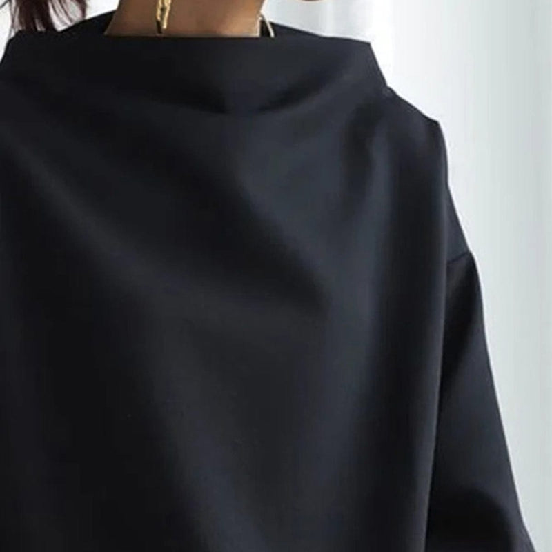 Relaxed Mock Neck Top for Women with Dropped Shoulders and Wide Cuffs in Black, collar close-up