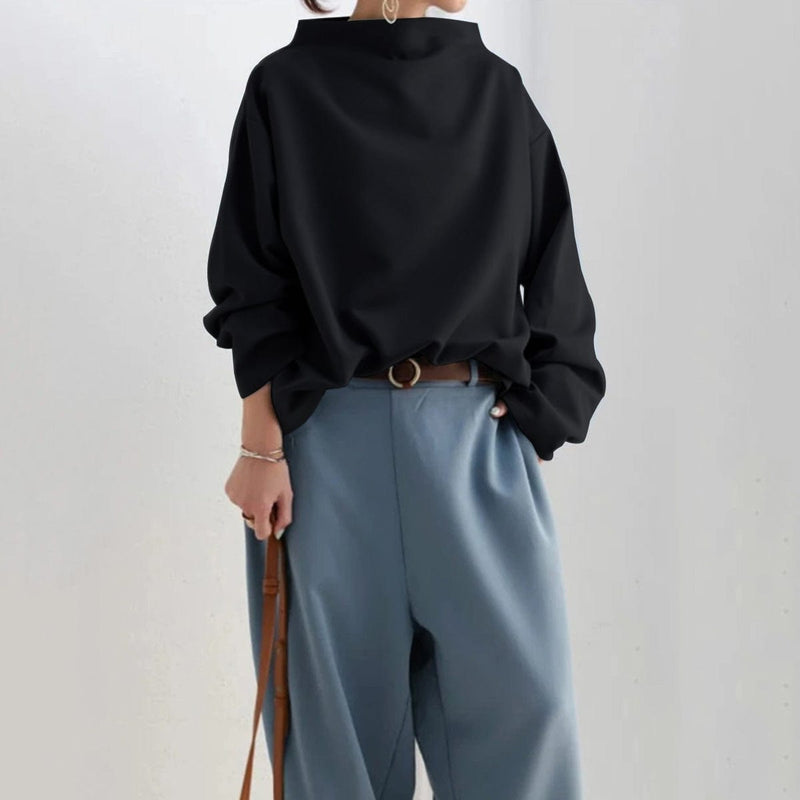 Relaxed Mock Neck Top for Women with Dropped Shoulders and Wide Cuffs in Black, full-length view