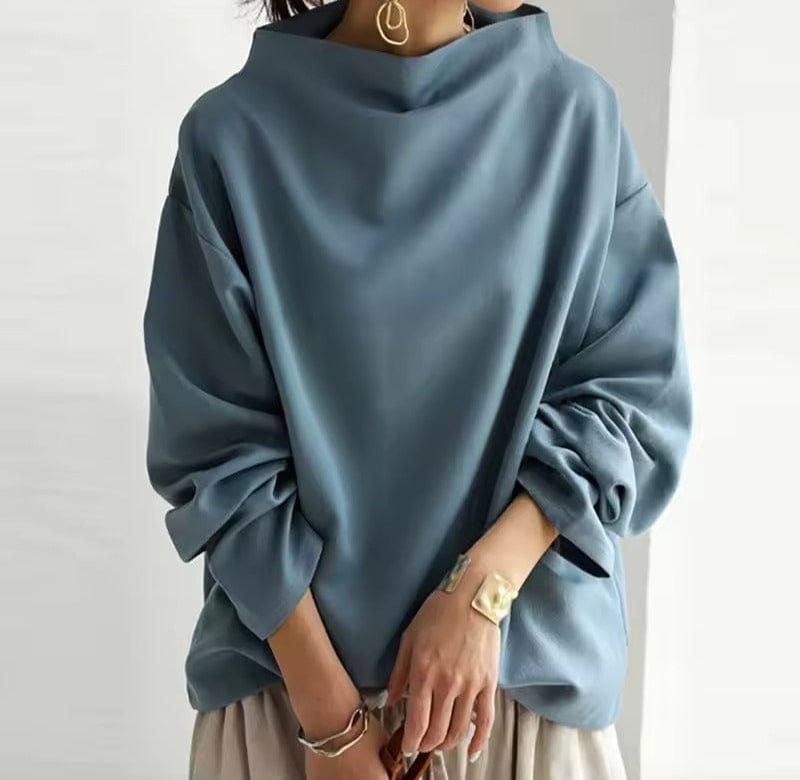 Relaxed Mock Neck Top for Women with Dropped Shoulders and Wide Cuffs in Blue, front view