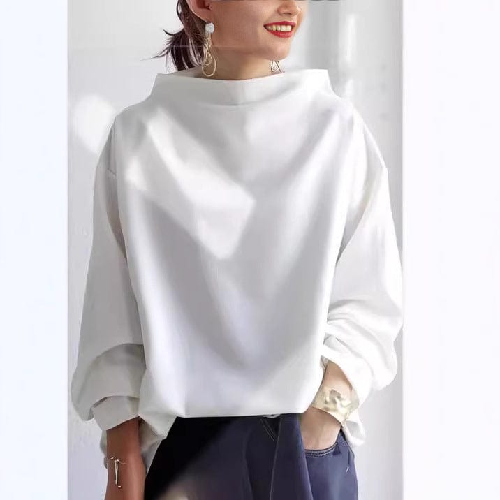 Relaxed Mock Neck Top for Women with Dropped Shoulders and Wide Cuffs in White, front view