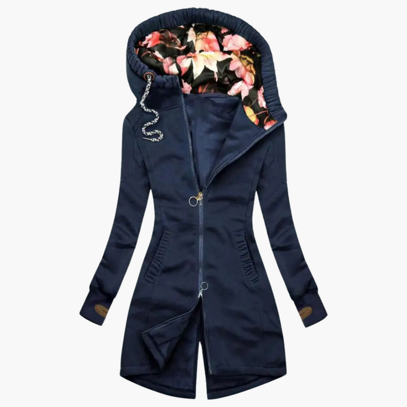 Long Hooded Zip Up Jacket for Women with Floral Lined Hood and Drawstring in Blue, front view