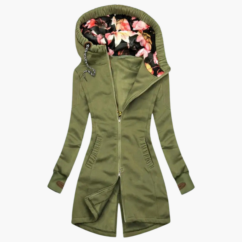 Long Hooded Zip Up Jacket for Women with Floral Lined Hood and Drawstring in Green, front view