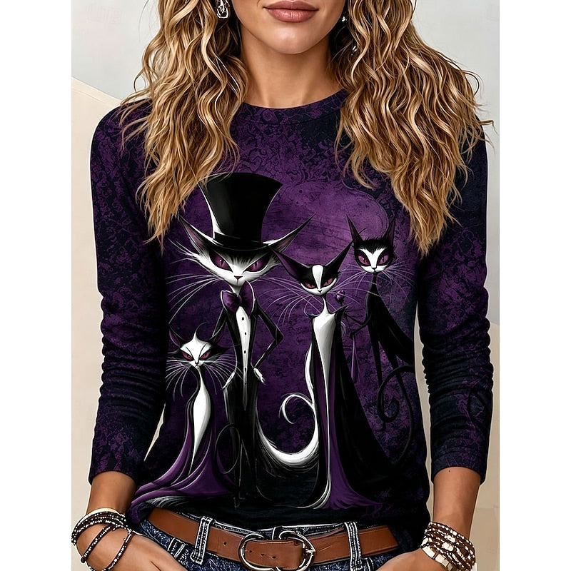 Gothic Cat Print Long Sleeve Top for Women with Crew Neck in Purple, front view