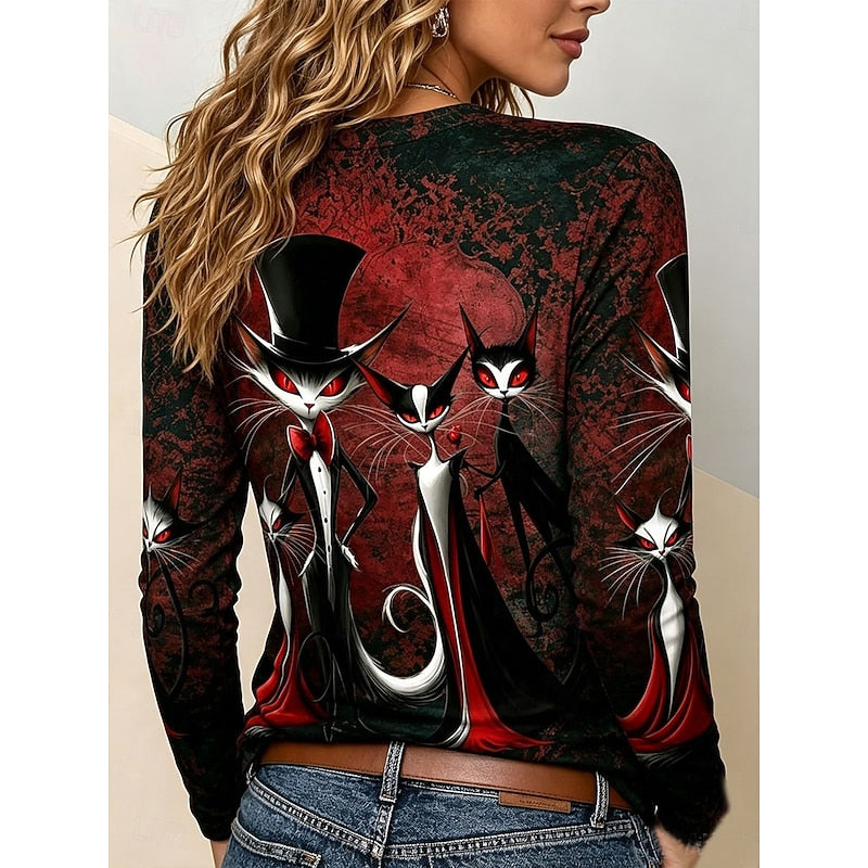 Gothic Cat Print Long Sleeve Top for Women with Crew Neck in Red, back view