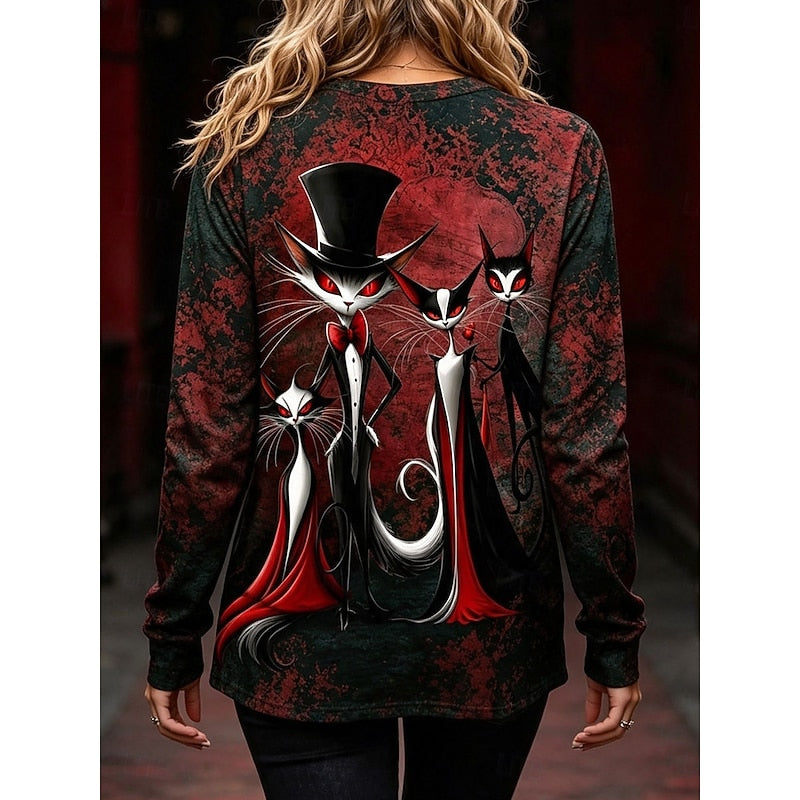 Gothic Cat Print Long Sleeve Top for Women with Crew Neck in Red, styled back view