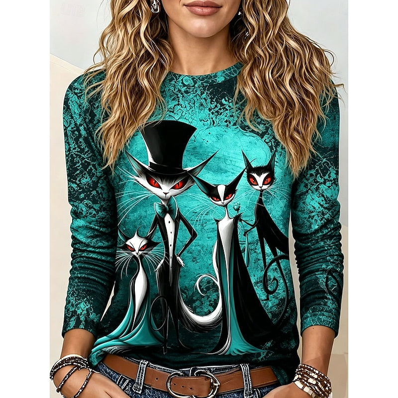 Gothic Cat Print Long Sleeve Top for Women with Crew Neck in Turquoise, front view