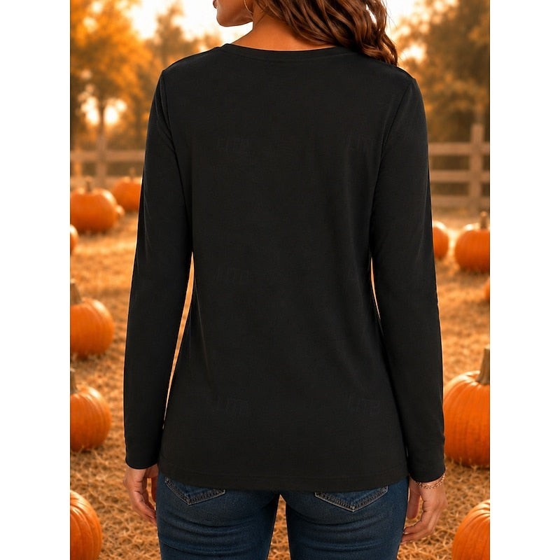 Halloween Witch Print Long Sleeve Top for Women with Crew Neck in Black, back view