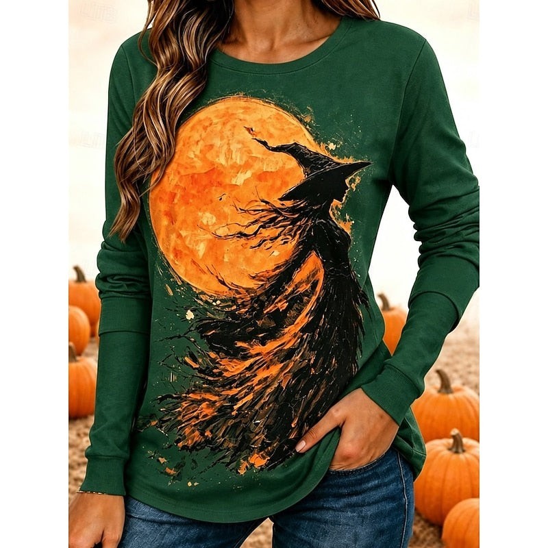 Halloween Witch Print Long Sleeve Top for Women with Crew Neck in Green, front view
