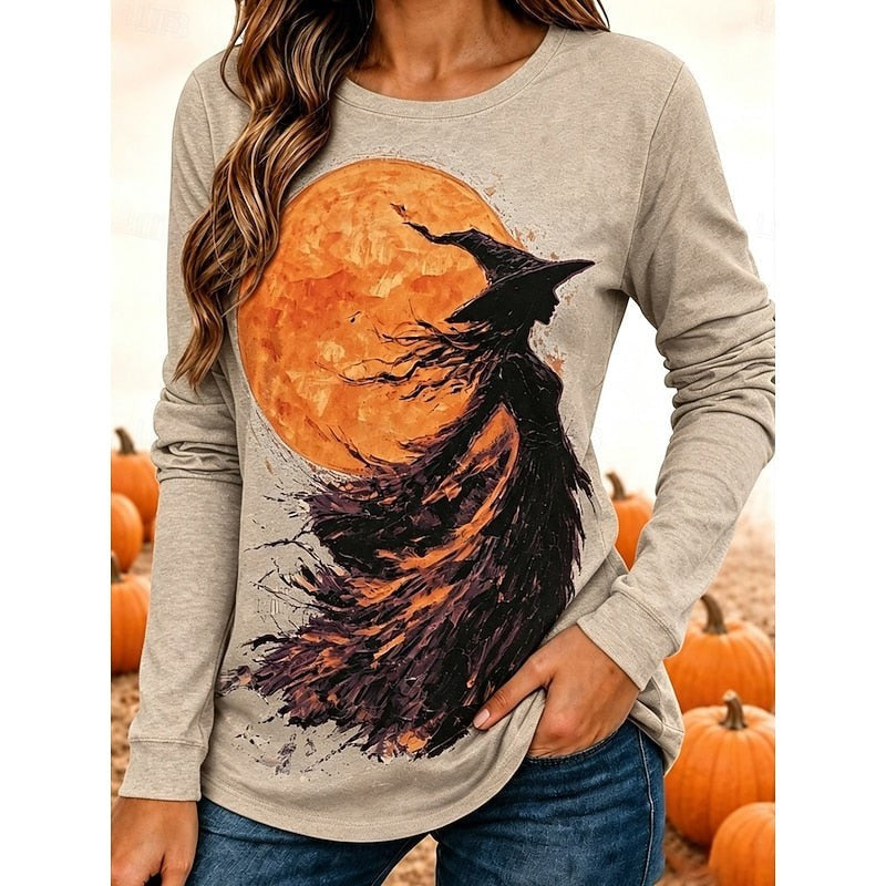 Halloween Witch Print Long Sleeve Top for Women with Crew Neck in Khaki, front view