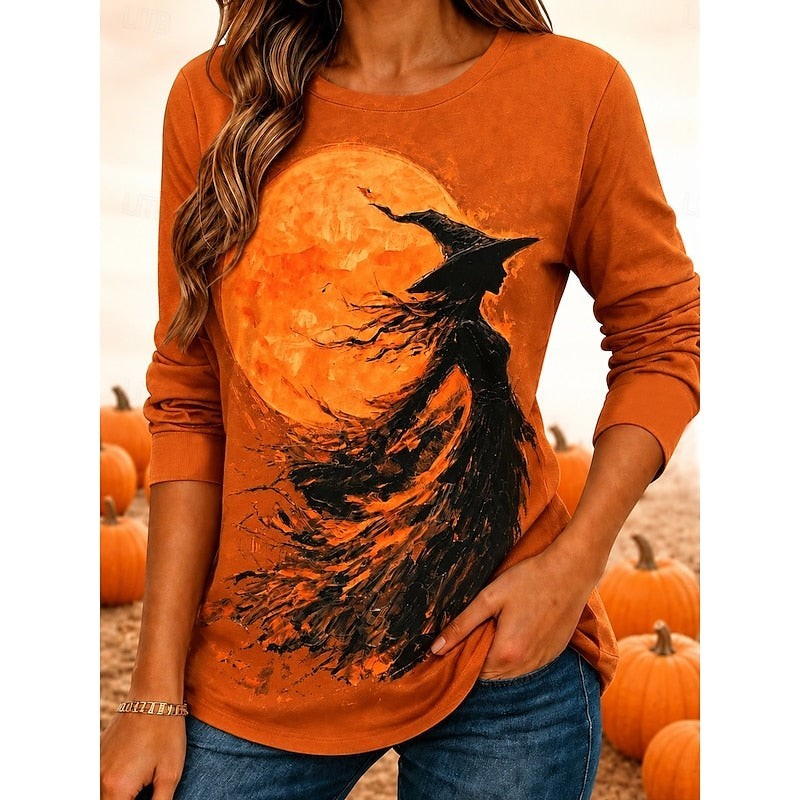 Halloween Witch Print Long Sleeve Top for Women with Crew Neck in Orange, front view