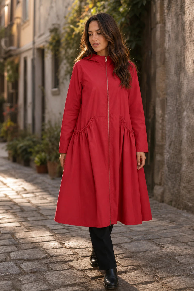 SOFAINE-V7-LIFE-Gretchen | Hooded Zip-Up Coat in Red, street-style view