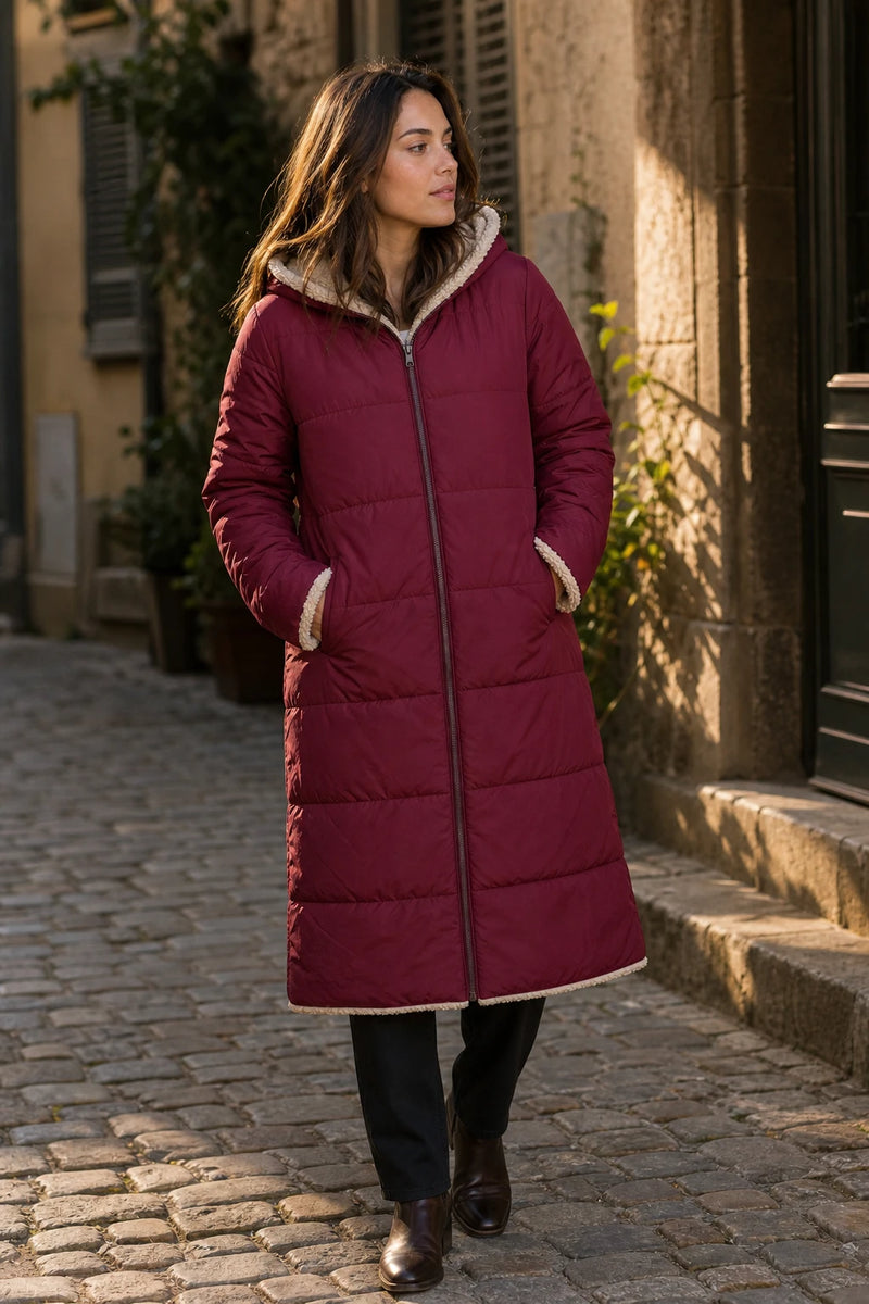 SOFAINE-V7-LIFE-Celine | Hooded Puffer Coat in Red, street-style view
