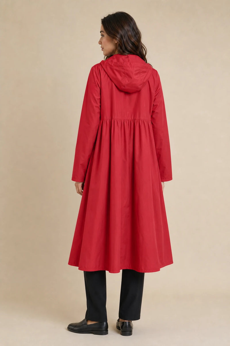 Gretchen | Hooded Zip-Up Coat in Red, studio back view