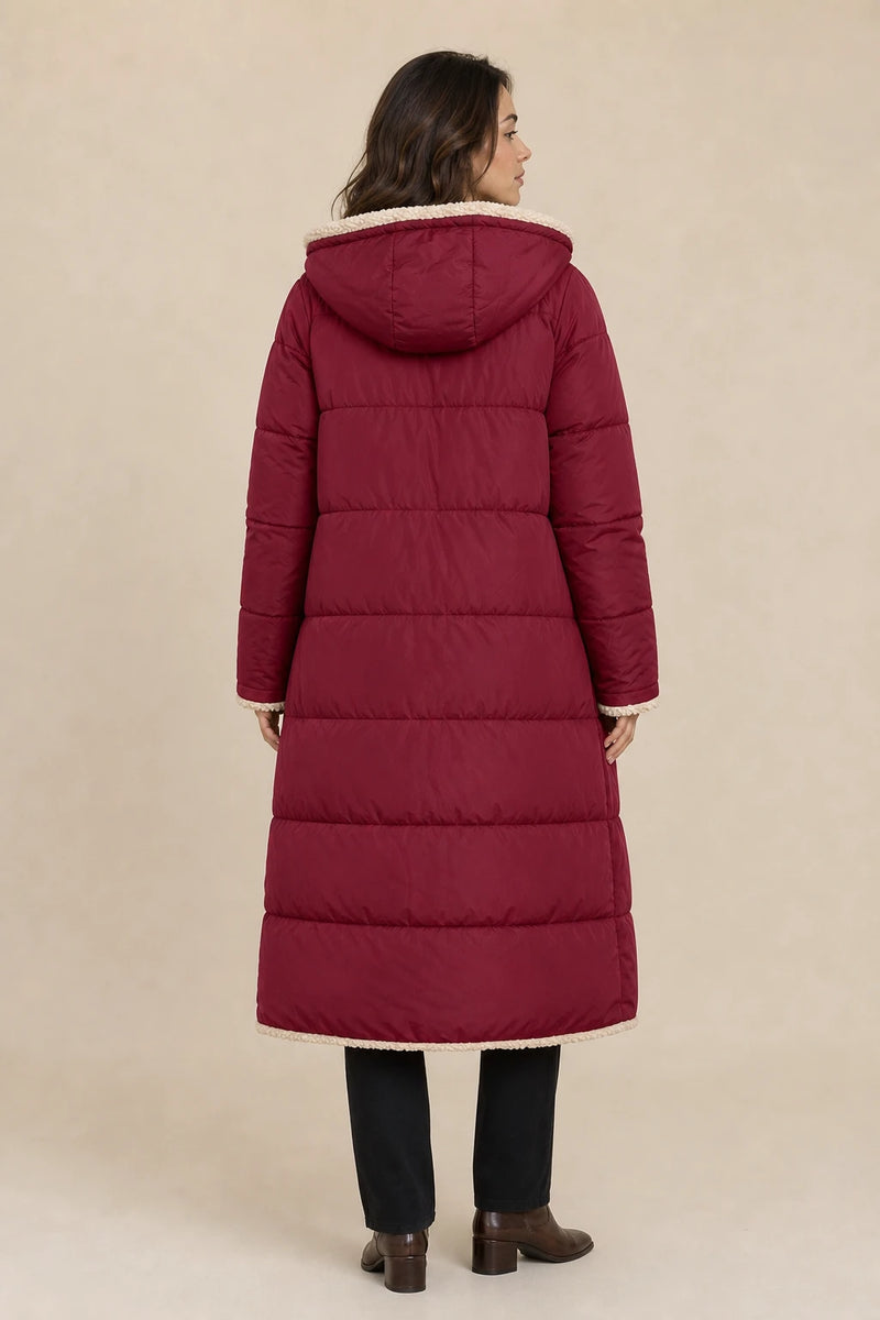 Celine | Hooded Puffer Coat in Red, studio back view