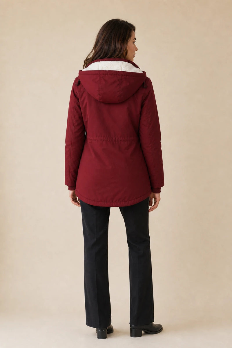 Frankie | Hooded Fleece-Lined Coat in Red, studio back view
