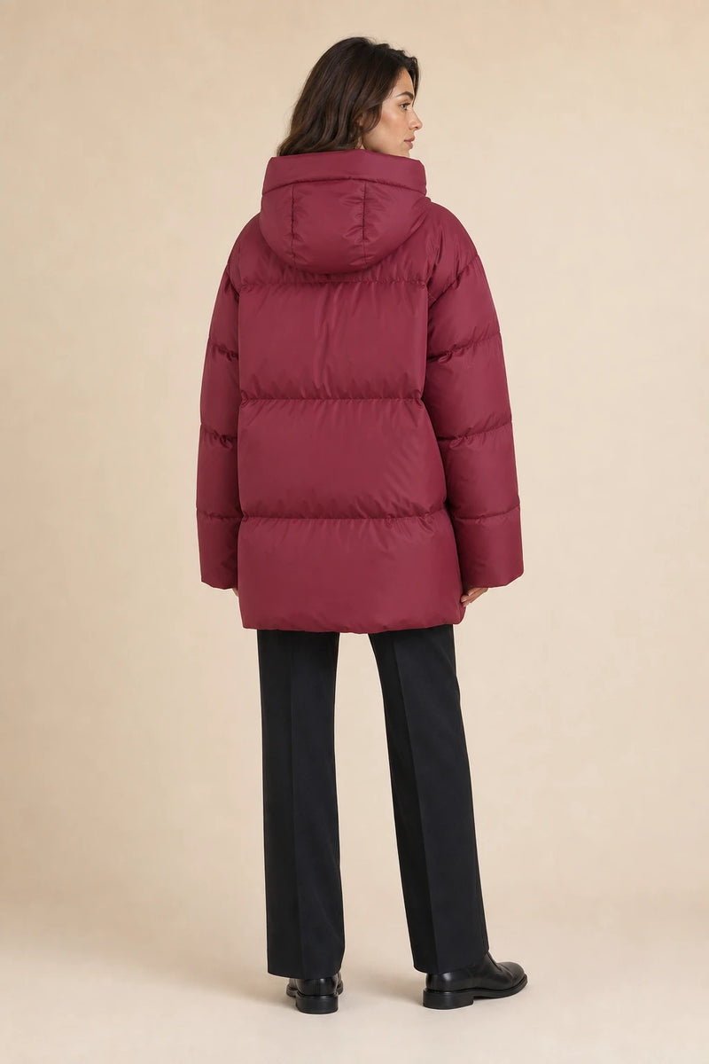 Tara | Oversized Puffer Jacket in Red, studio back view