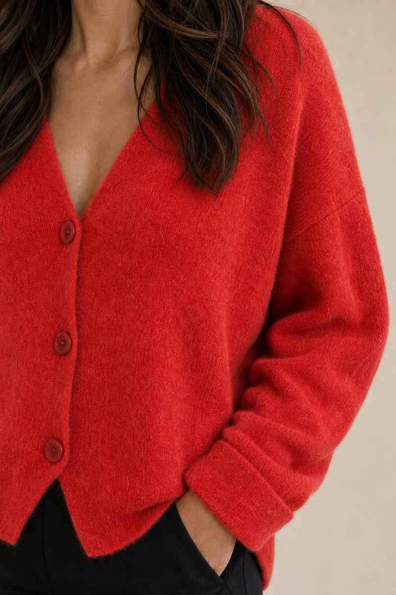 Ramona | Button-Front Cardigan in Red, fabric close-up