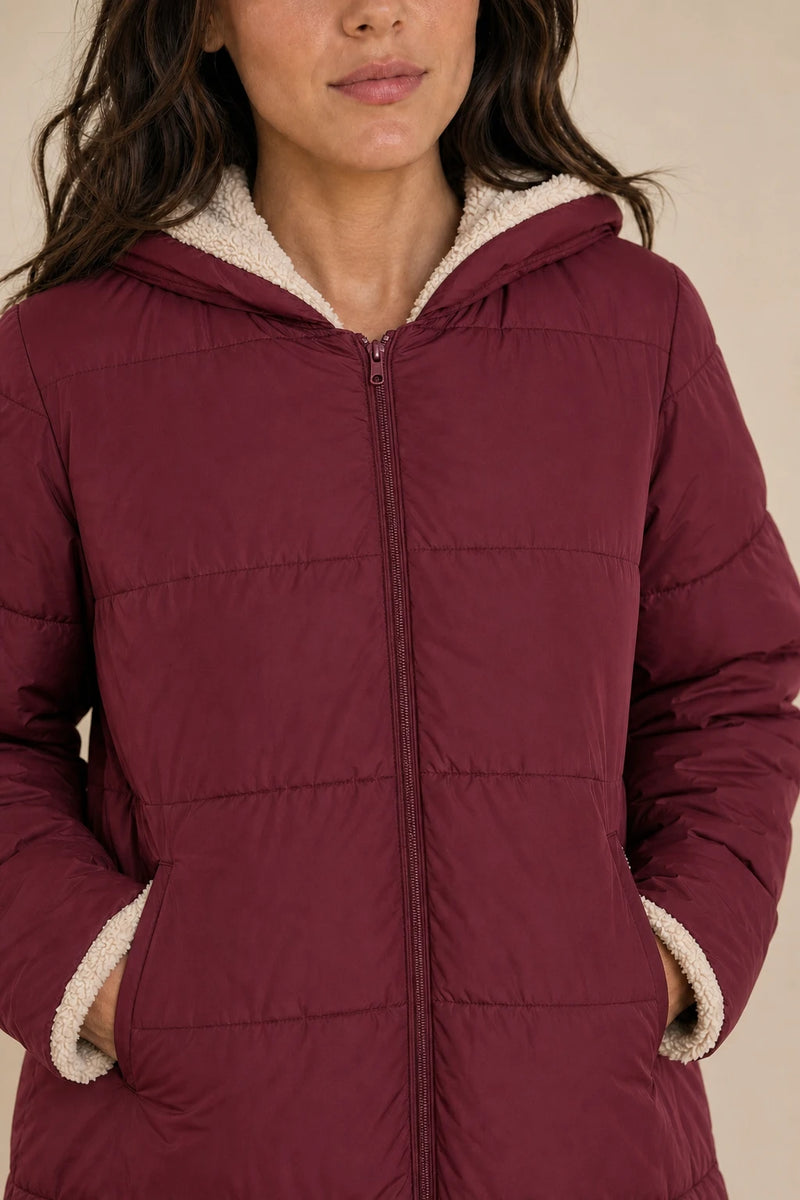 Celine | Hooded Puffer Coat in Red, fabric close-up