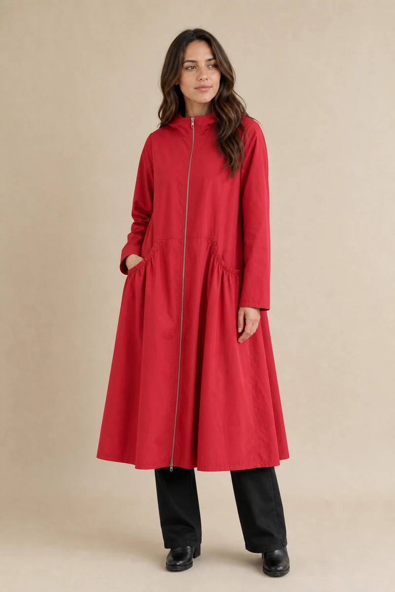 Gretchen | Hooded Zip-Up Coat in Red, studio front view