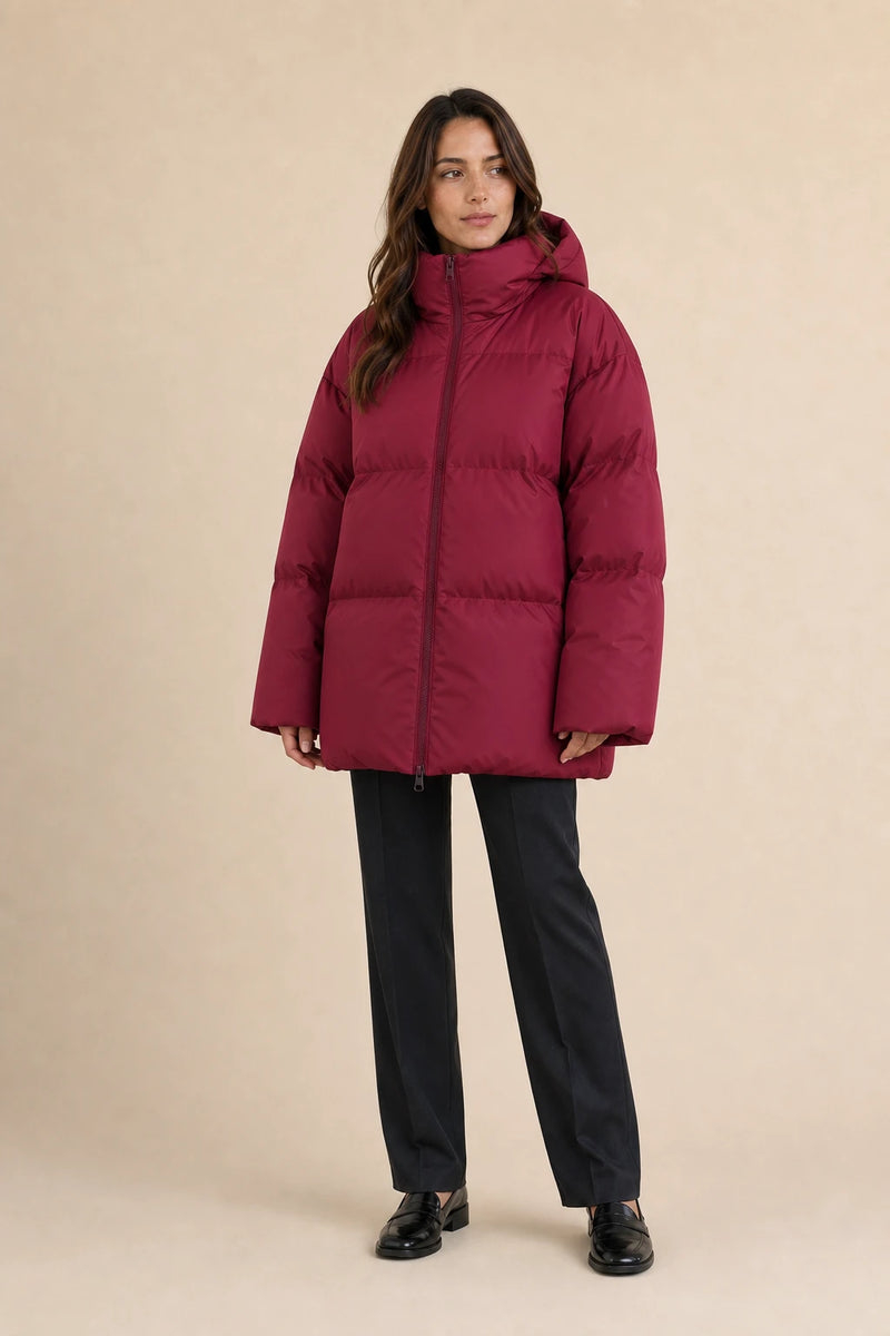 Tara | Oversized Puffer Jacket in Red, studio front view