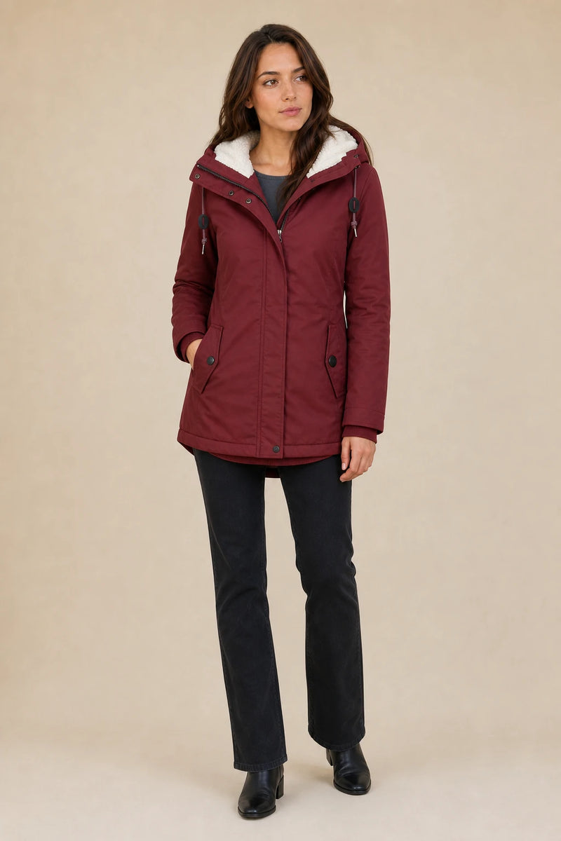 Frankie | Hooded Fleece-Lined Coat in Red, studio front view