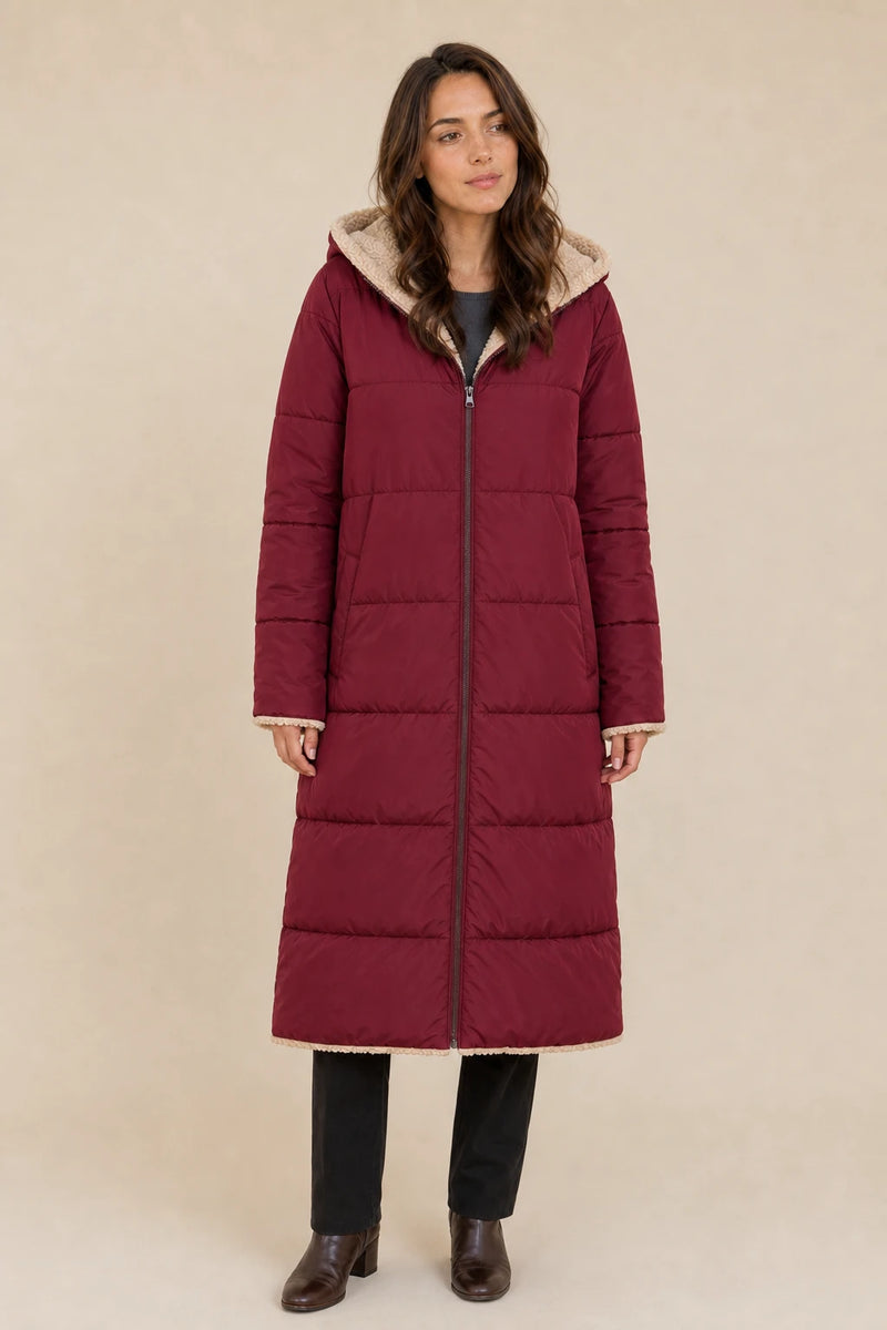 Celine | Hooded Puffer Coat in Red, studio front view