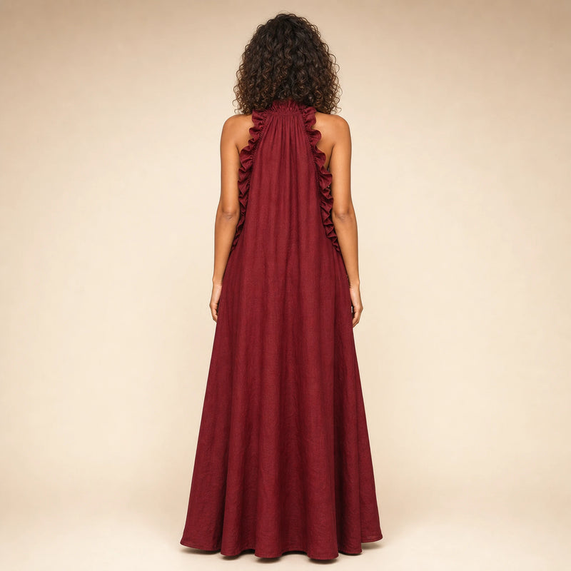SOFAINE-V5-2026-07-07 Sofaine Iris ruffle-halter linen maxi dress in Red, worn back