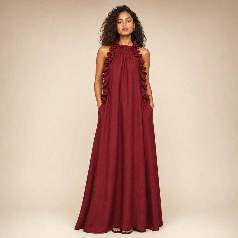 SOFAINE-V5-2026-07-07 Sofaine Iris ruffle-halter linen maxi dress in Red, worn ruffle-halter neckline detail