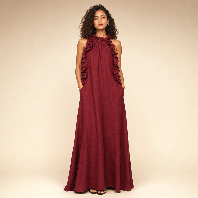 SOFAINE-V5-2026-07-07 Sofaine Iris ruffle-halter linen maxi dress in Red, worn front hero