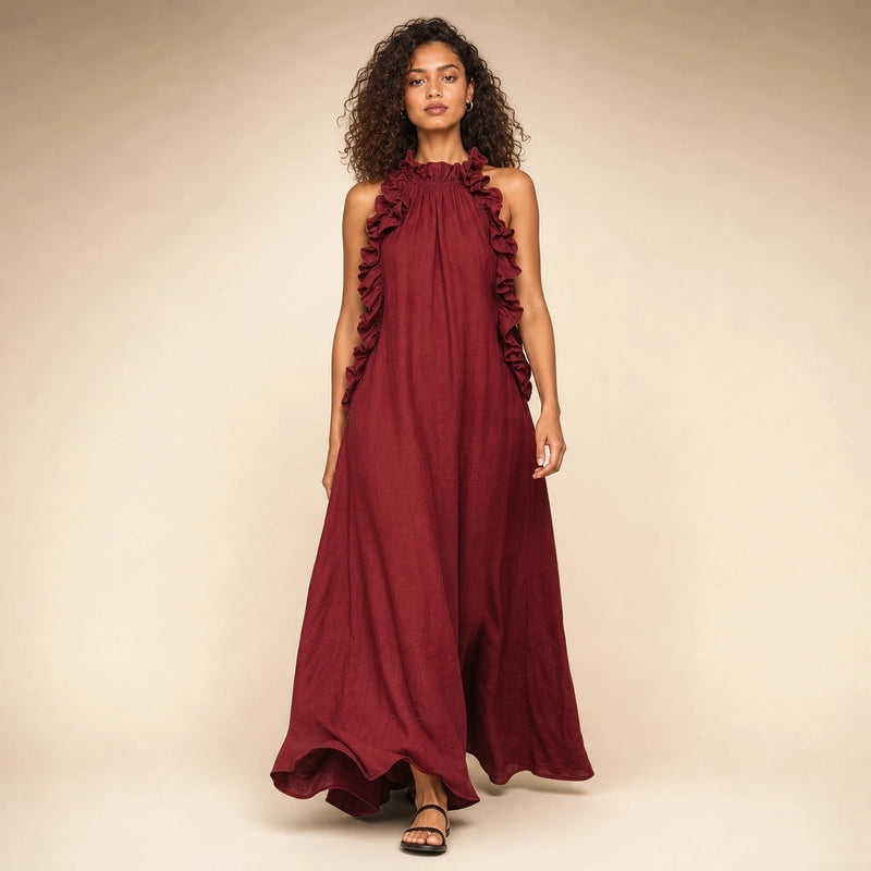 SOFAINE-V5-2026-07-07 Sofaine Iris ruffle-halter linen maxi dress in Red, styled full look