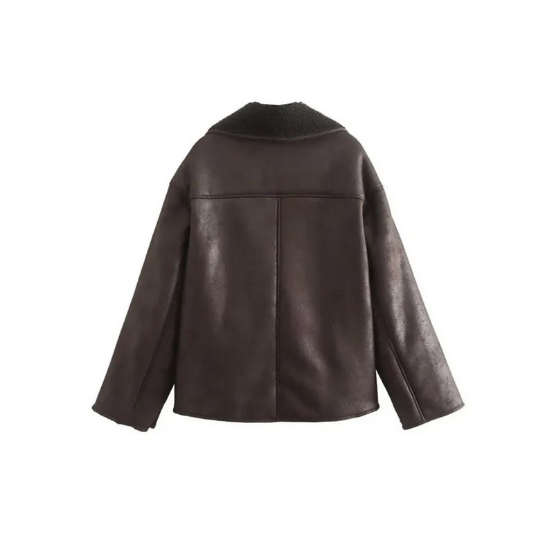 Boxy Faux Shearling Jacket for Women with Teddy Lining and Lapel Collar in Brown, back view