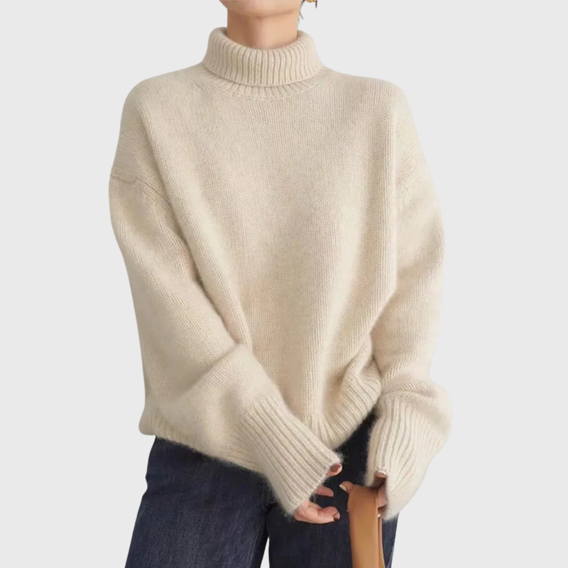 Knit Turtleneck Sweater for Women with Dropped Shoulders and Ribbed Trim in Beige, front view 2