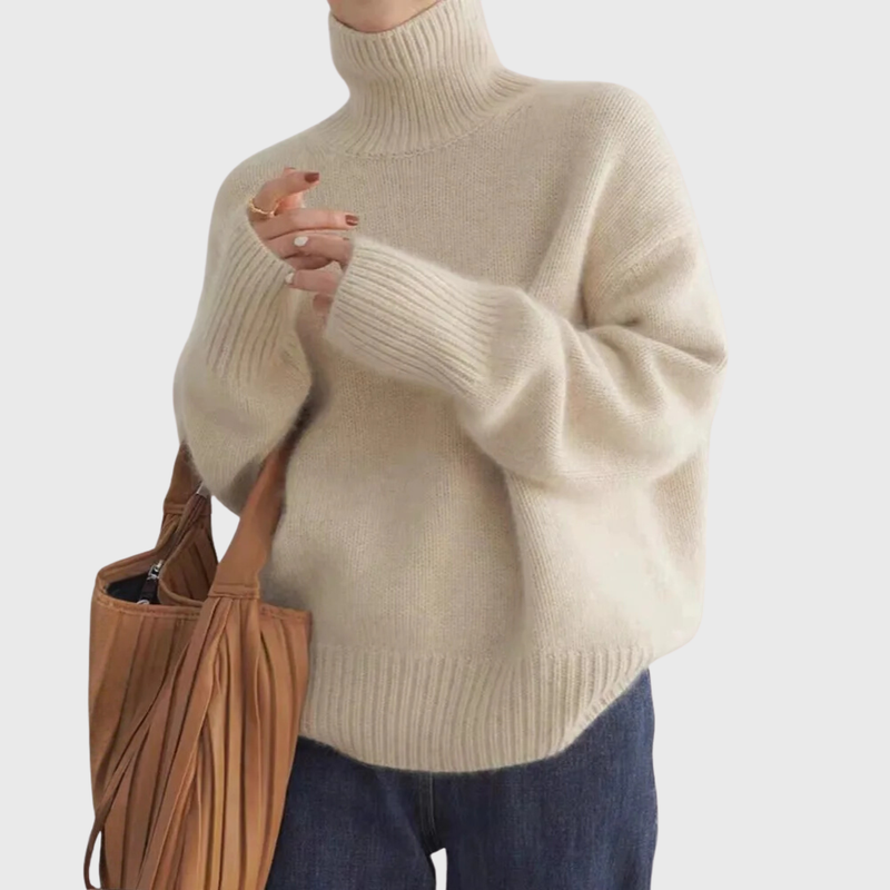 Knit Turtleneck Sweater for Women with Dropped Shoulders and Ribbed Trim in Beige, styled view