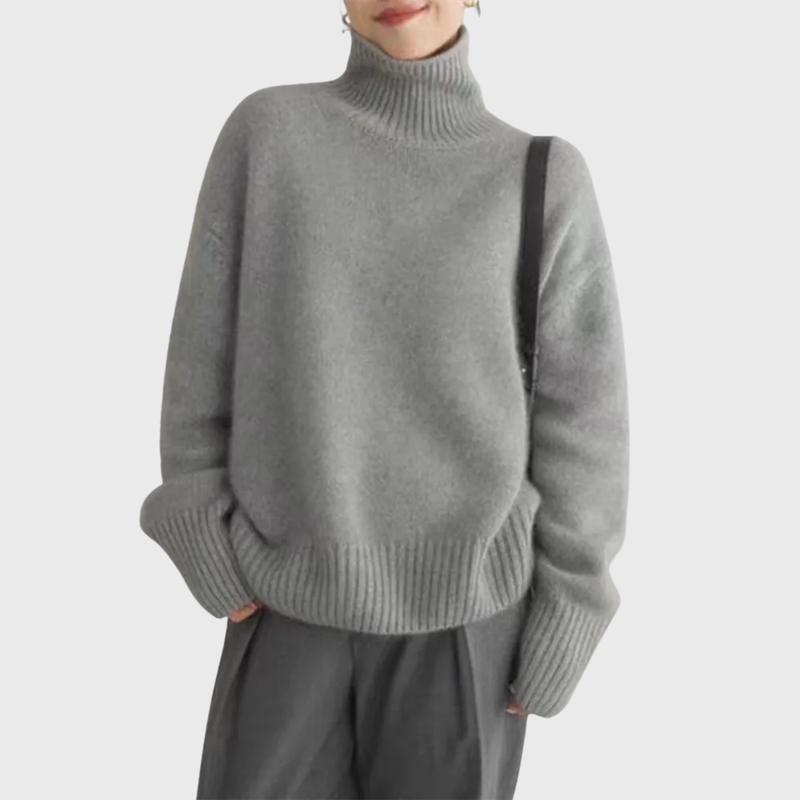 Knit Turtleneck Sweater for Women with Dropped Shoulders and Ribbed Trim in Grey, front view