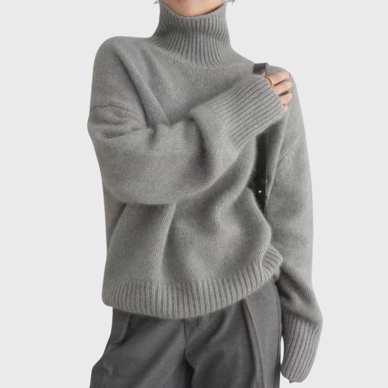 Knit Turtleneck Sweater for Women with Dropped Shoulders and Ribbed Trim in Grey, styled view