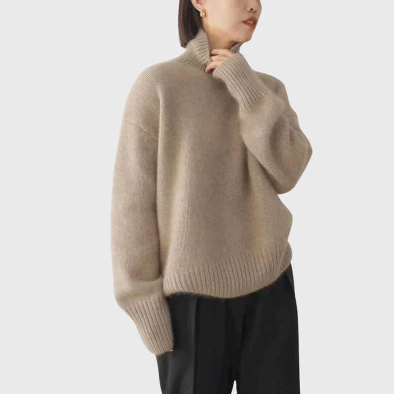 Knit Turtleneck Sweater for Women with Dropped Shoulders and Ribbed Trim in Khaki, front view