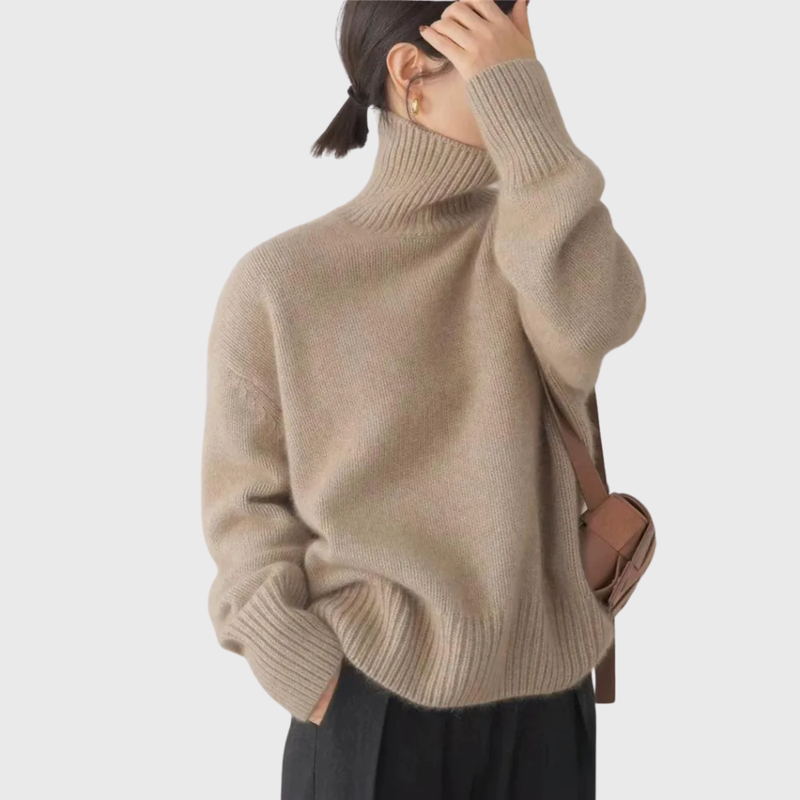 Knit Turtleneck Sweater for Women with Dropped Shoulders and Ribbed Trim in Khaki, styled view