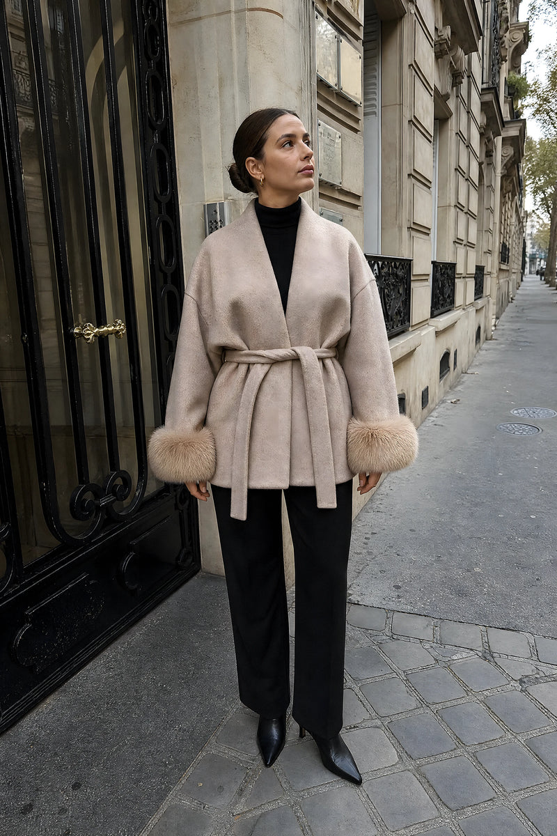 SOFAINE-V7-LIFE-Remi | Faux-Fur Wrap Coat in Beige, street-style view