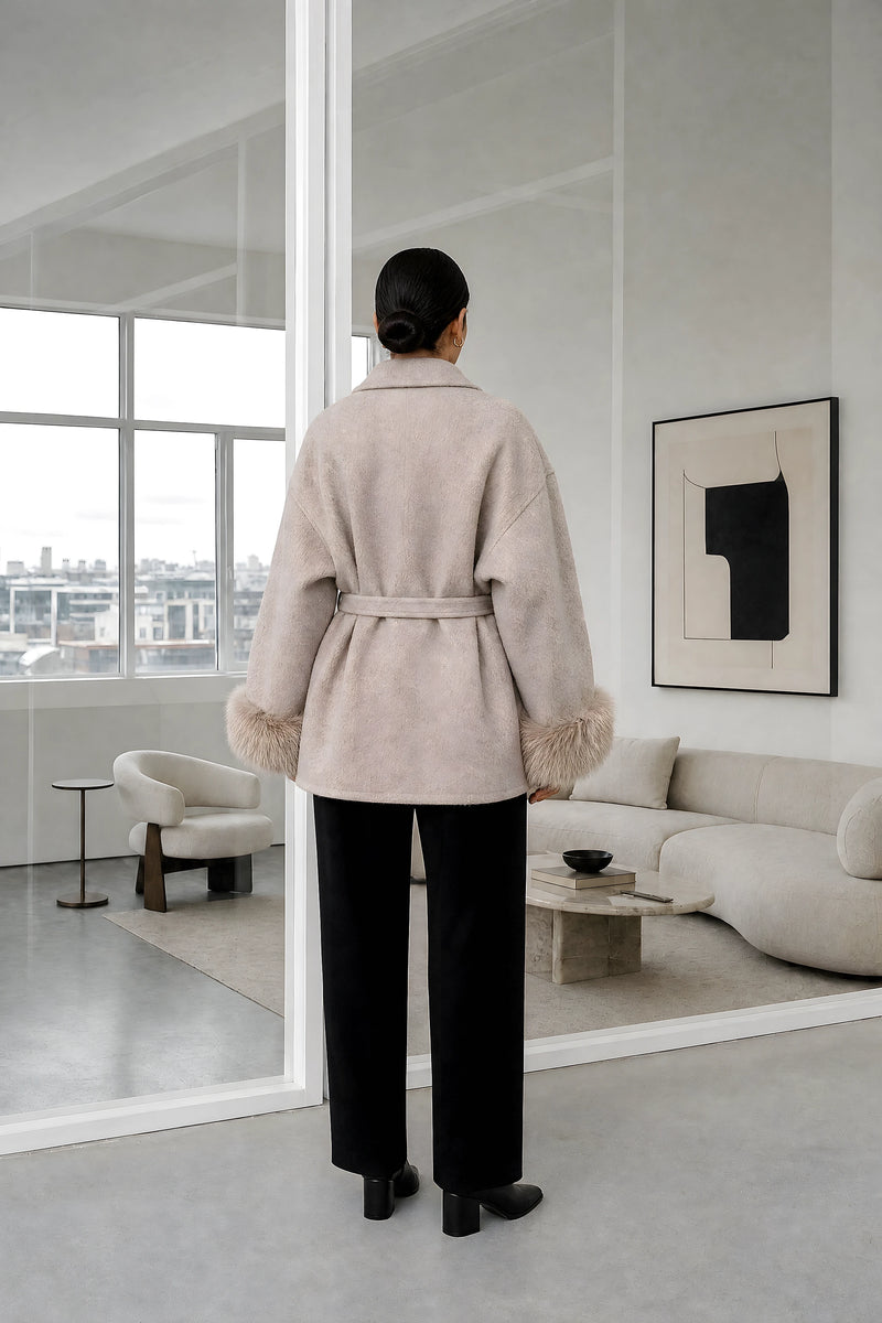 Remi | Faux-Fur Wrap Coat in Beige, studio back view