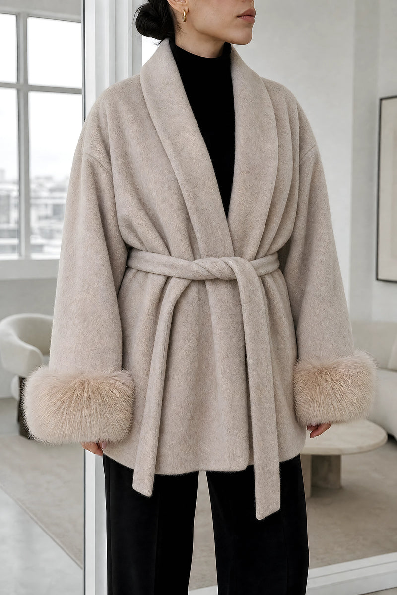 Remi | Faux-Fur Wrap Coat in Beige, fabric close-up