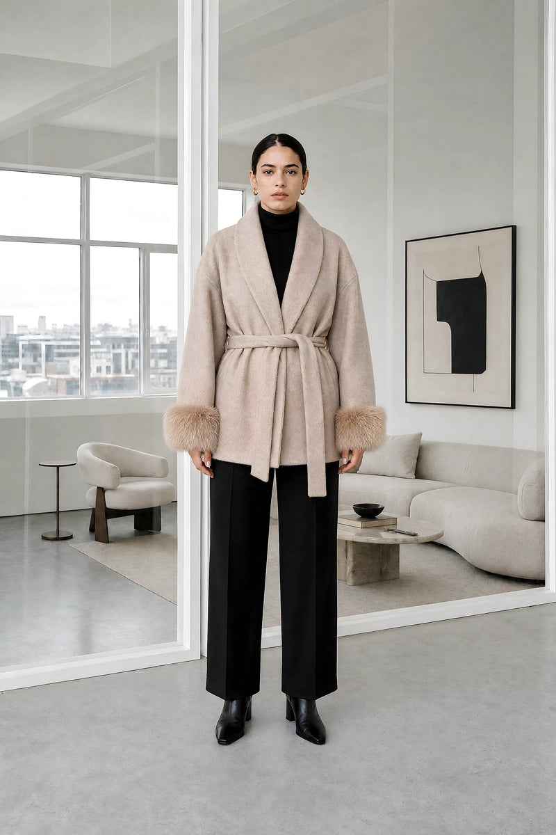 Remi | Faux-Fur Wrap Coat in Beige, studio front view