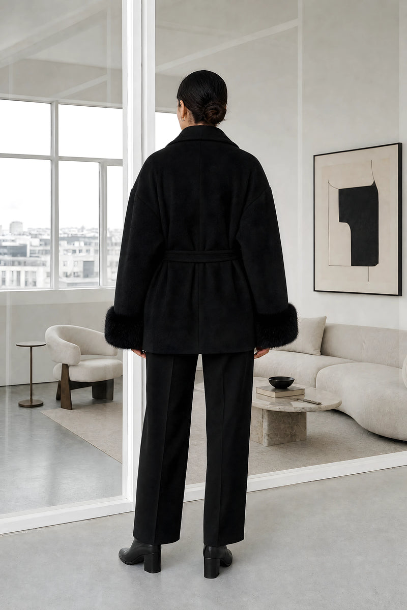 Remi | Faux-Fur Wrap Coat in Black, studio back view