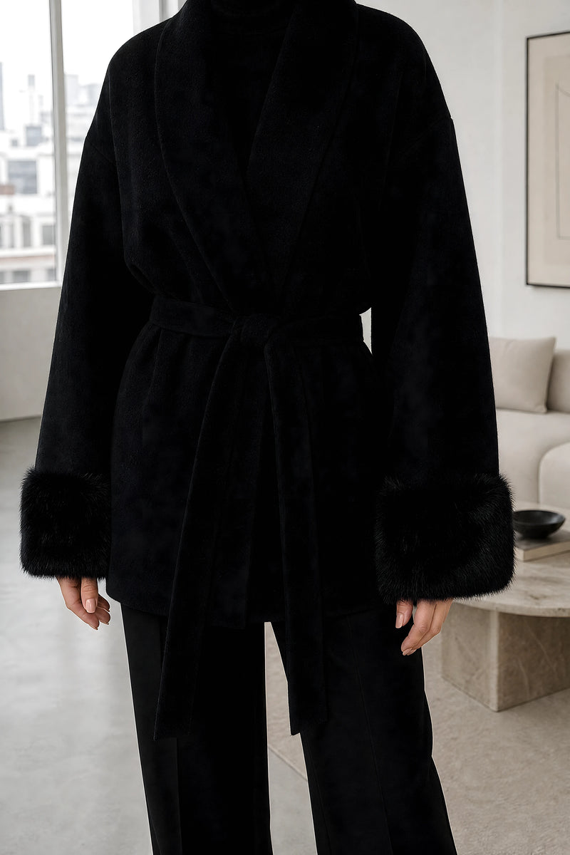 Remi | Faux-Fur Wrap Coat in Black, fabric close-up