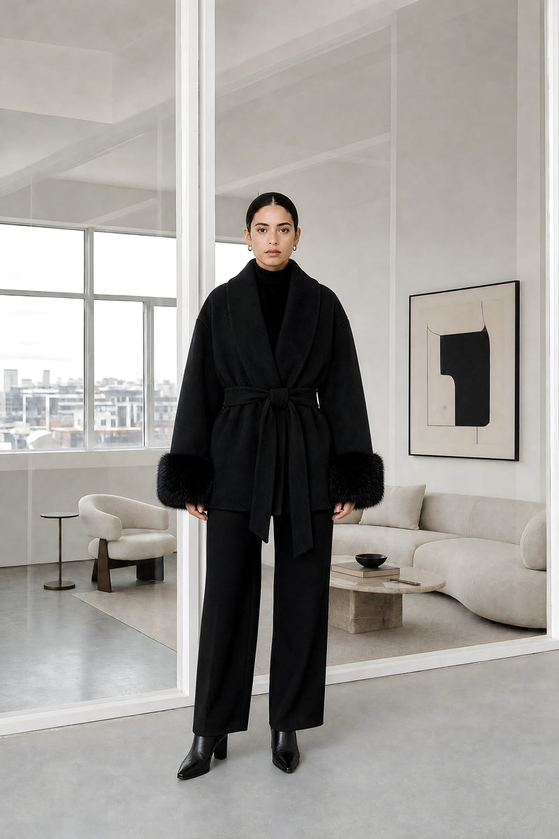 Remi | Faux-Fur Wrap Coat in Black, studio front view