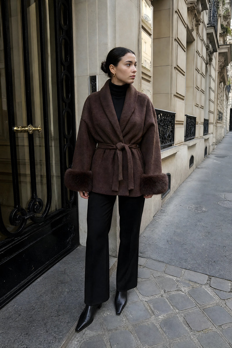 SOFAINE-V7-LIFE-Remi | Faux-Fur Wrap Coat in Brown, street-style view