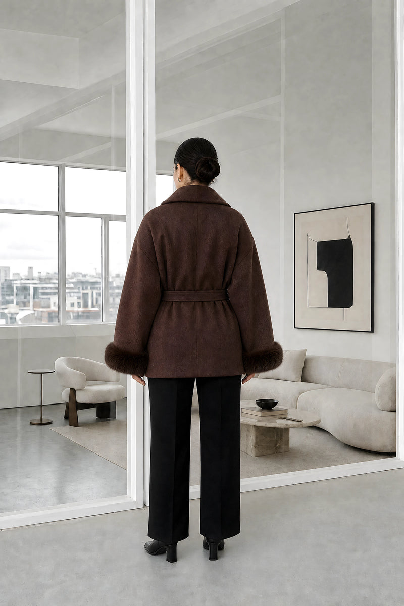 Remi | Faux-Fur Wrap Coat in Brown, studio back view