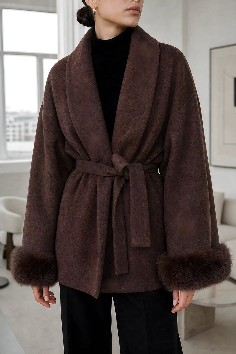 Remi | Faux-Fur Wrap Coat in Brown, fabric close-up